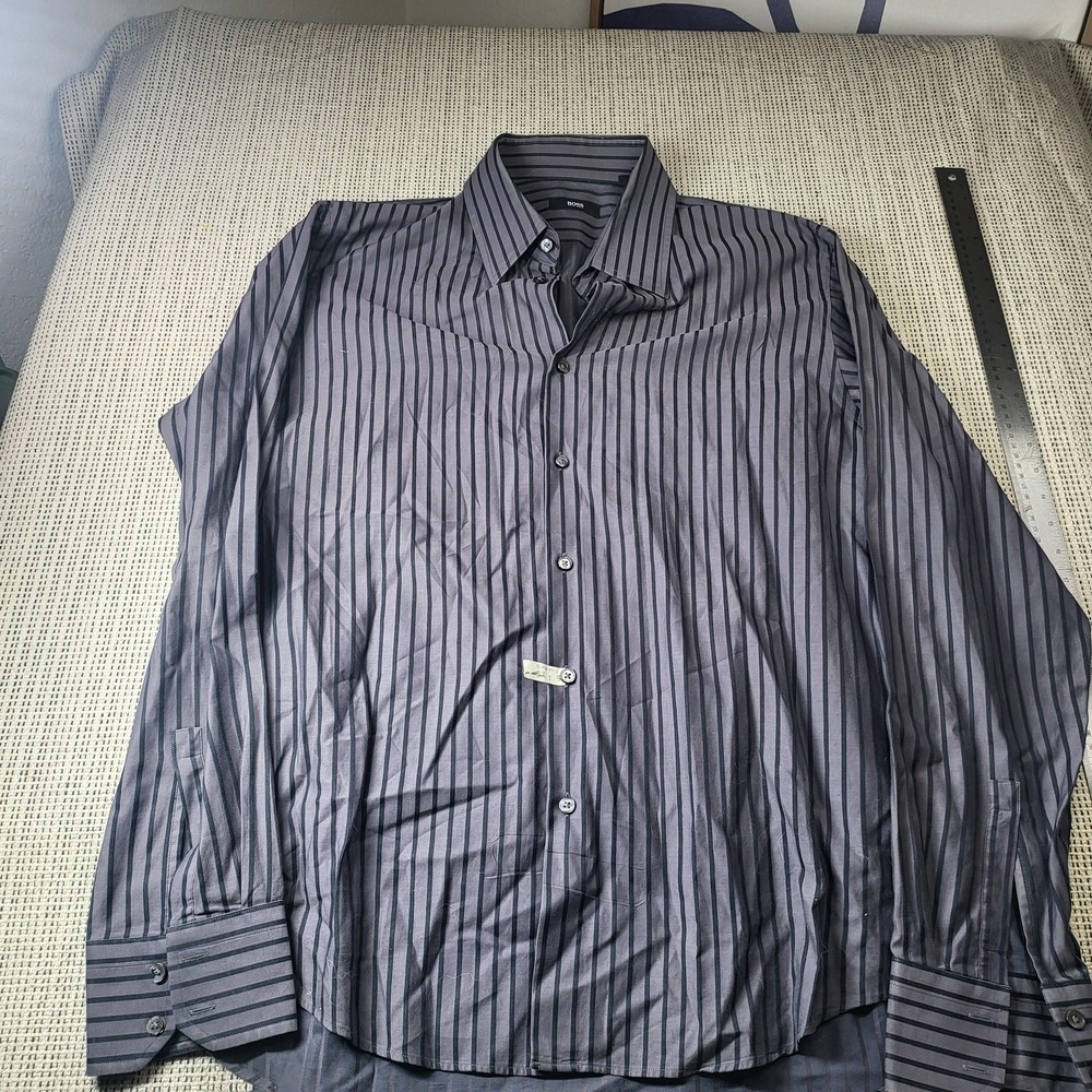 Hugo Boss Shirt Mens 17.5 36/37 Gray Stripe‎ Regular Fit Dress Long Sleeve